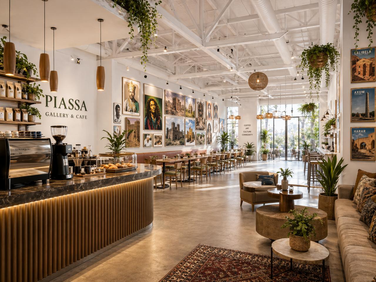 Piassa Gallery and Cafe with gallery walls, greenery, and sunlit seating